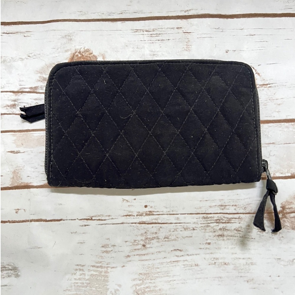 Vera Bradley Wallet Black Quilted Cotton Zip Around ID Window 8x4.5in - Picture 3 of 6
